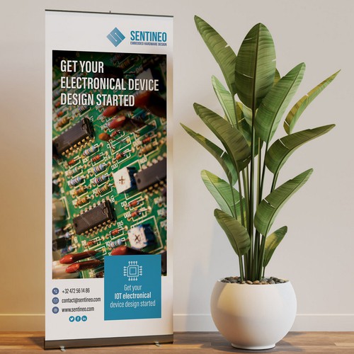 Design of a roll-up banner for a trade-fair introducing our Electronic Design Agency! Design by BrainStorm.