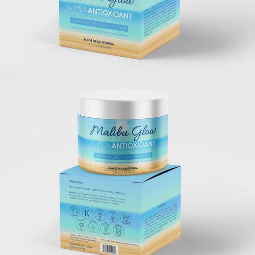 Simple skin care packaging for "Malibu Glow" with several follow-up packagings. Diseño de Radmilica