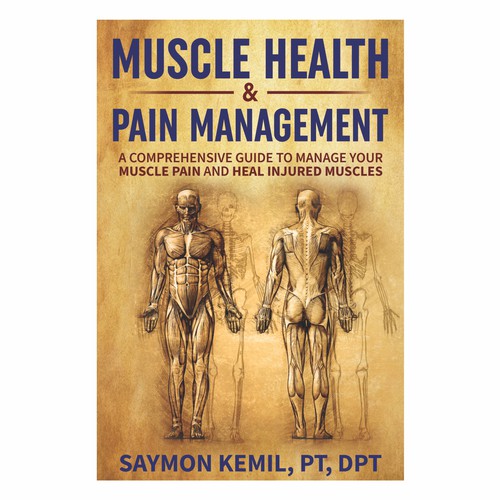 Book cover with a drawing images of the human anatomy combining muscles and bone structure. Design by kmohan