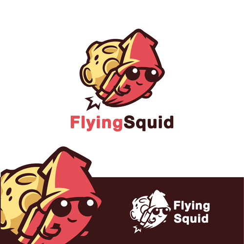 Logo of a squid wearing a jetpack for product named FlyingSquid Design by Rock N Draw