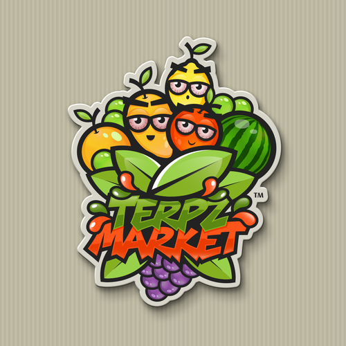 Design a fruit basket logo with faces on high terpene fruits for a cannabis company. Design by TheOneDesignStudio™