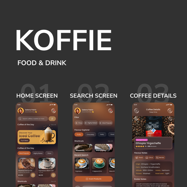 Design by AKDCreative titled "Best coffee enthusiast app ever for iOS"