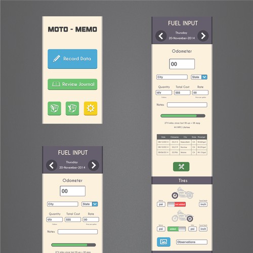 Design the first 3 screens of a new motorcycle note taking app! Design by Vladimir Corelj