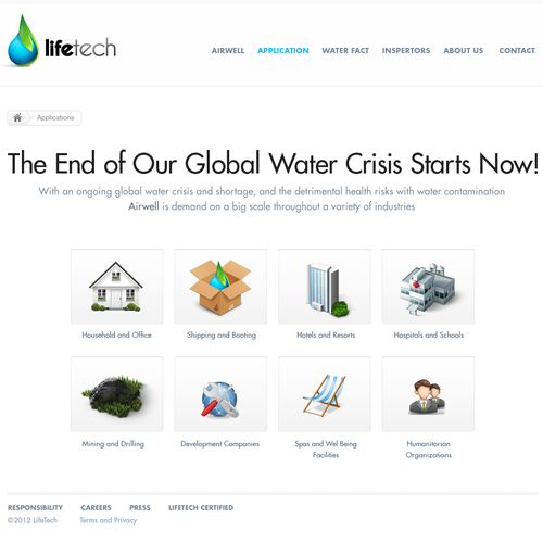 New website design for LifeTech: We turn air into drinking water. Réalisé par Creative Zeune