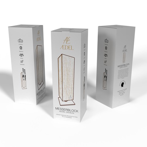 Design of an elegant product packaging for the first product of a new brand. Rotating knife block Design by Windmill Designer™