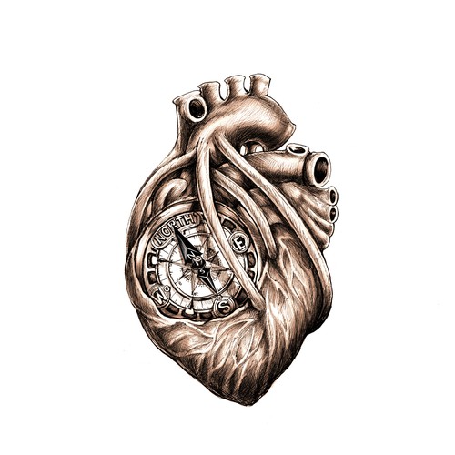 Greyscale Drawing of Da Vinci Anatomical Heart w/ Nautical Compass for Tattoo Design by simbe