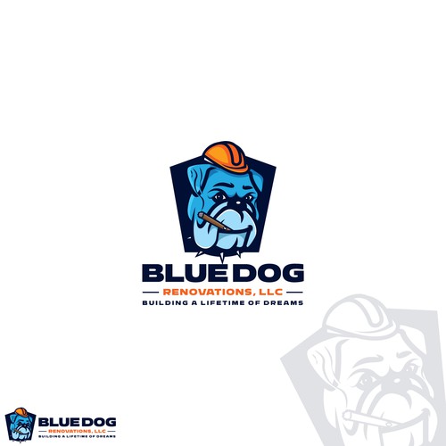 Design a company logo to reflect company name. A Blue Dog (Bulldog) With a hardhat, toolbelt w/cigar Design by honeyjar