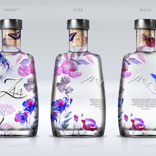 Gin Bottle & packaging design + merchandising Design by bcra