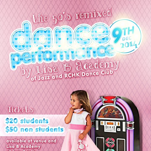 Create a poster and program for a 50's Remixed themed kids dance show! Design by pink.print