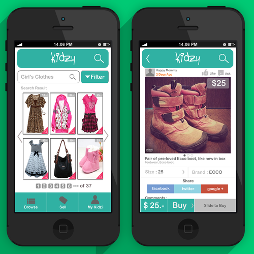 Mobile App Kidzy 2 simple screens + Logo. Design by Hakaba