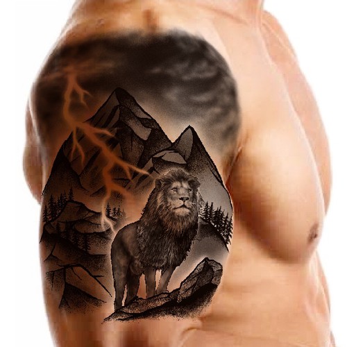 Mountain, lion and a lightning tattoo (right-side shoulder to arm) Design by vega bayu