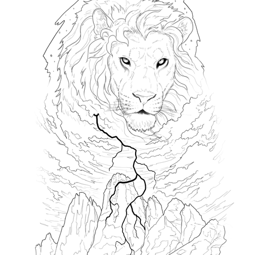 Mountain, lion and a lightning tattoo (right-side shoulder to arm) Design by Tattoodream