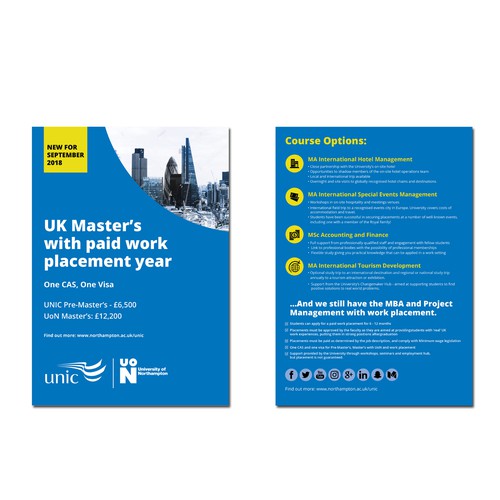 Design our new University flyer promoting Master's with paid work placement options Design by Krishna Arts