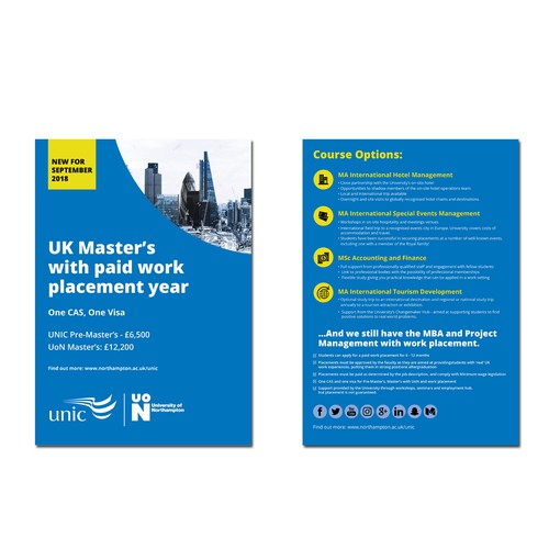 Design our new University flyer promoting Master's with paid work placement options Design by Krishna Arts