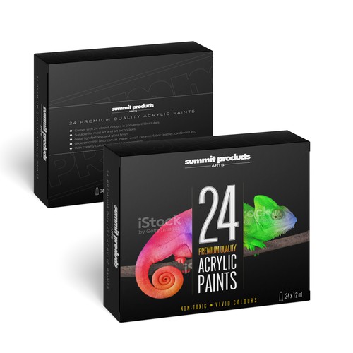 We need a vibrant packaging design for a premium quality acrylic paint set Design by Bognar Graphics