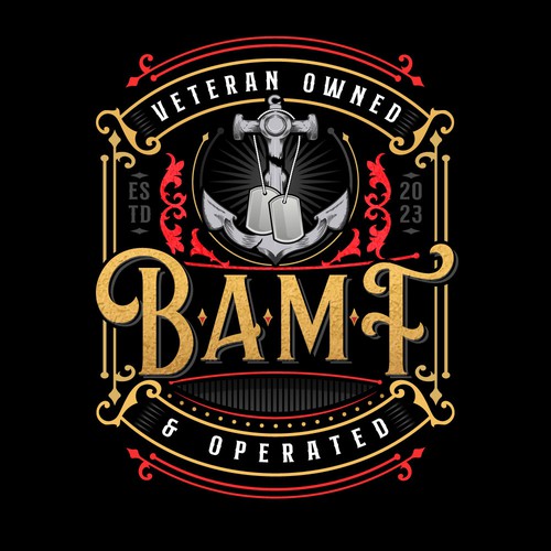 New gun store logo, scrollwork, gold, dapper, tattoo store, vintage look, colors are gold and red. Broken anchor is our  Design by AlarArtStudio™