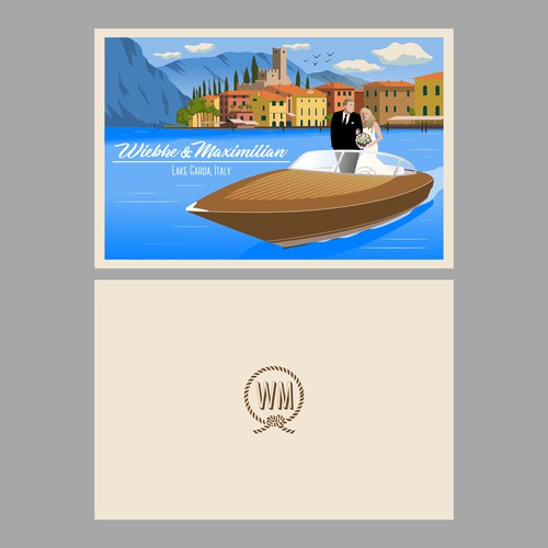Stylish Colourful Vintage-Travel-Poster-Style German-Italian Wedding Invitation Card デザイン by Mr.SATUDIO