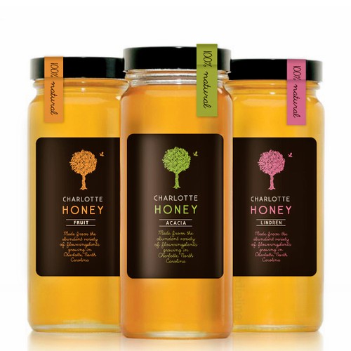 Label design for Charlotte Honey's honey jars Print or packaging