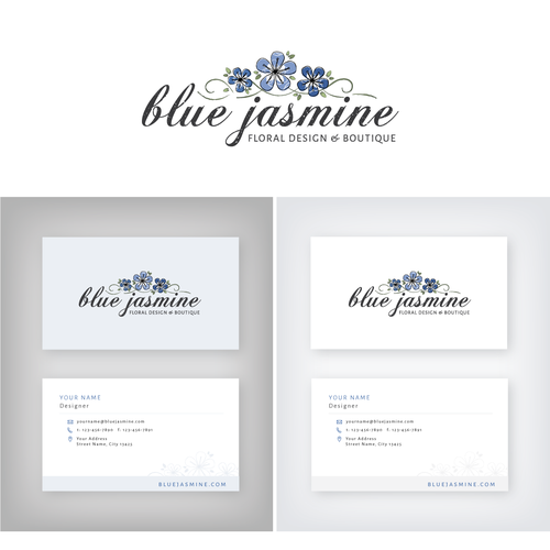 LOGO & BUSINESS CARD DESIGN FOR BLUE JASMINE LLC FLORAL DESIGN AND BOUTIQUE Design by Melanie Lauren