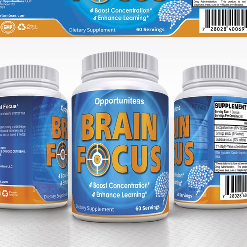 Create product label for Brain Focus supplement Diseño de lantonx