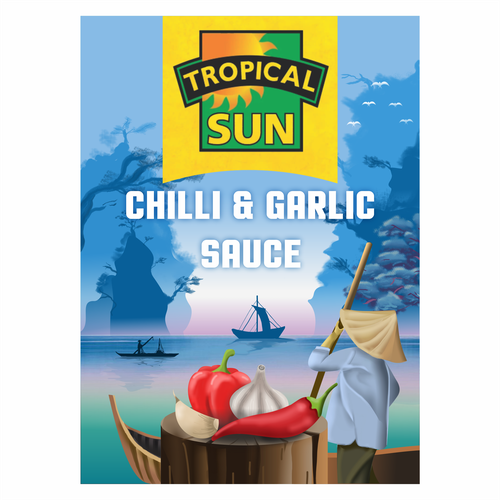 Tropical Sun Chilli & Garlic Sauce Label Digital Painting Diseño de azabumlirhaz