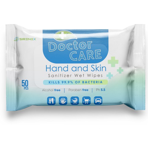 We need an eye-catching packaging for our disinfectant, hand sanitizer wet wipes Design by GREYYCLOUD