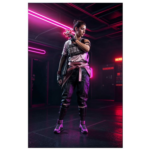 Illustration of a mysterious fearless powerful female video game character Design by Sign Relation