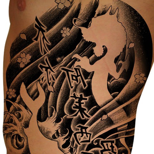 asiatisches S/W-Tattoo /  black&white tattoo asian style Design by INKSPITJUNKIE