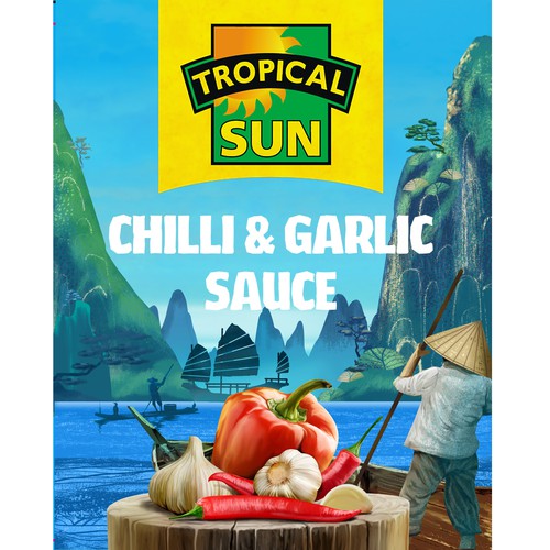 Design Tropical Sun Chilli & Garlic Sauce Label Digital Painting por thelembique