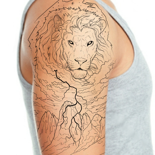 Mountain, lion and a lightning tattoo (right-side shoulder to arm) Design by Tattoodream