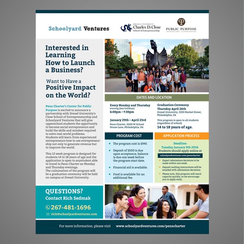 One page flyer for program that supports teen entrepreneurs Design by Dzhafir