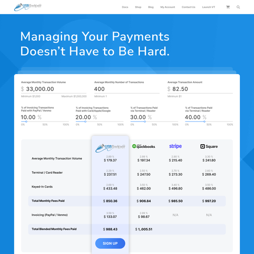 Design a landing page for a credit card processing comparison calculator. Design by Nash Radak