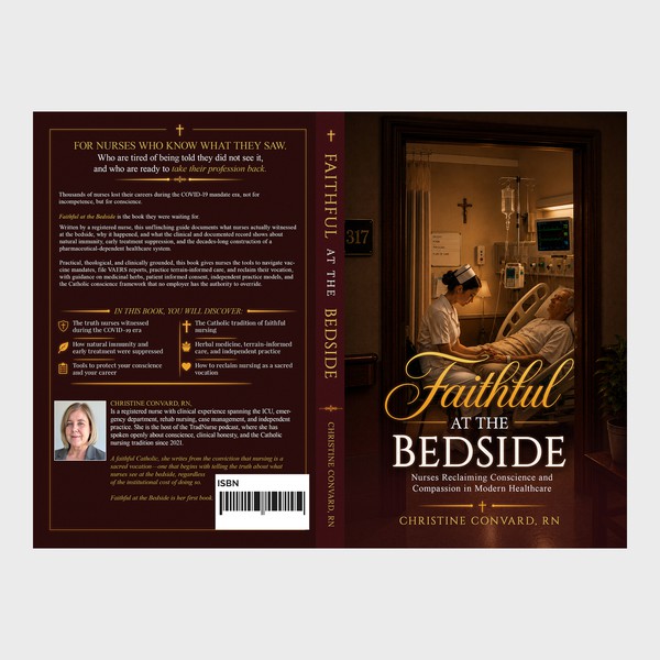 Traditional Catholic Nonfiction Book Cover — Nurse, Faith, Wine/Gold Palette