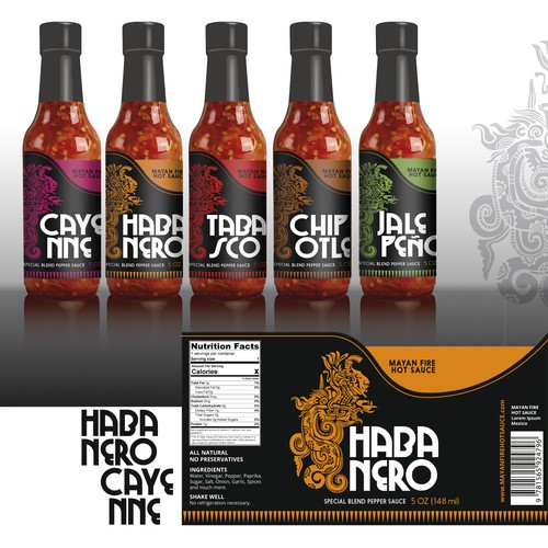 Design di Mayan Fire Hot Sauce di Luc.it