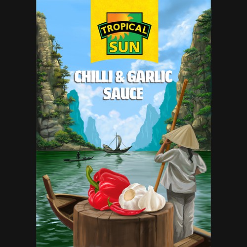 Tropical Sun Chilli & Garlic Sauce Label Digital Painting Design by Antonius Agung