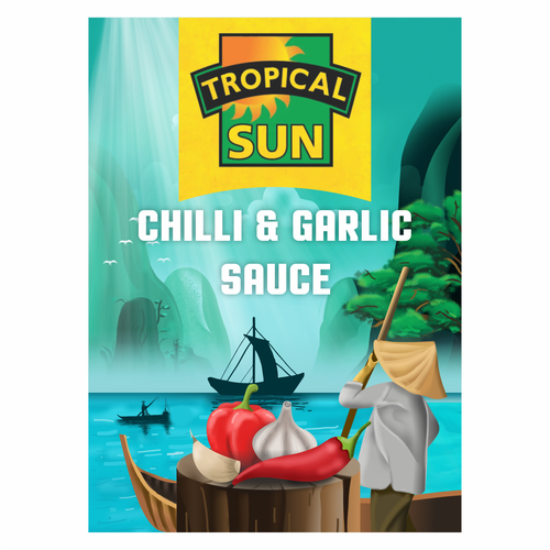 Tropical Sun Chilli & Garlic Sauce Label Digital Painting Design by azabumlirhaz