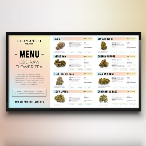 Flashy Cannabis Menu that highlights our Flower options Design by 99B