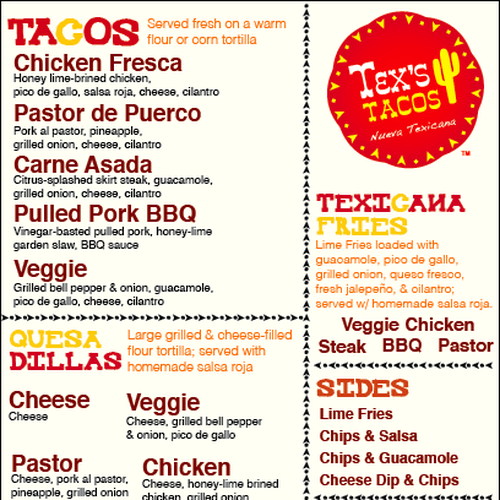 Tex's Tacos (food truck) fun & creative menu design Illustration or