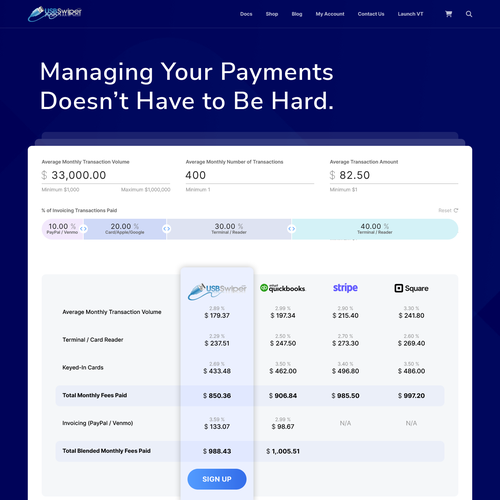 Design a landing page for a credit card processing comparison calculator. Design by Nash Radak