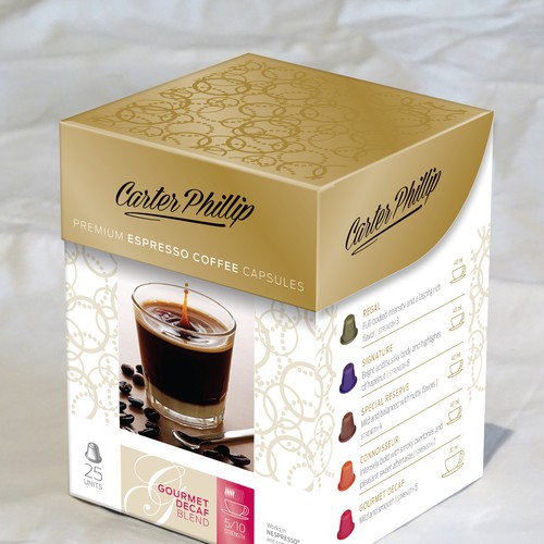 Design an espresso coffee box package. Modern, international, exclusive. Design by Sonia Maggi