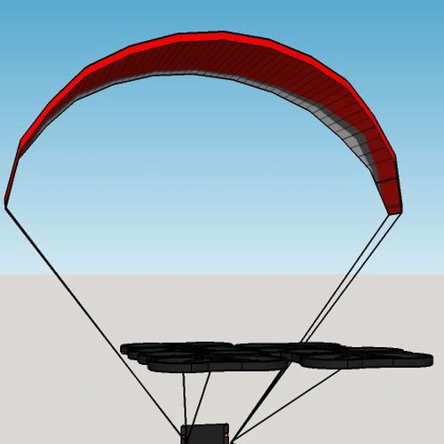 Make a printable 3d model of a paragliding wheelchair being pulled by quadcopters. Design by Ellington