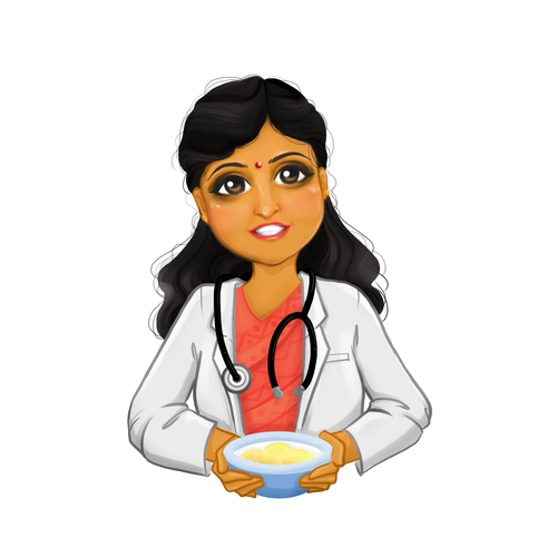 Design an attractive caricature of  "doctor mom, Dr Hema " for a healthy organic indian baby food br Design by JanMari