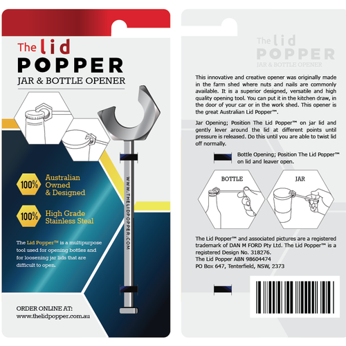 The Lid Popper  (jar and bottle opener) needs packaging Design by goatdesign88