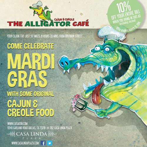 Create a Mardi Gras ad for The Alligator Cafe Design by Evilltimm