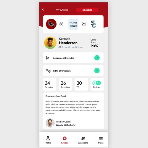 "Tech savvy APP for American football high school players to see game grades after games!" Design by StudioQ
