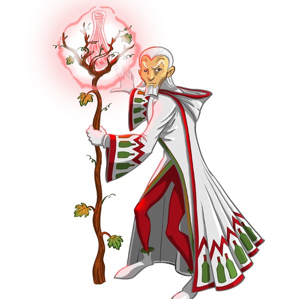 Design by jspoli.com titled "illustration de 5 personnages fantastiques reliés au monde du vin"