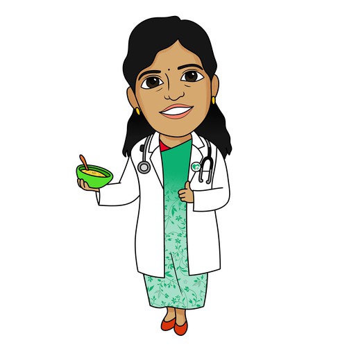 Design an attractive caricature of  "doctor mom, Dr Hema " for a healthy organic indian baby food br Design by Jak.