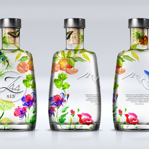 Gin Bottle & packaging design + merchandising Design by bcra