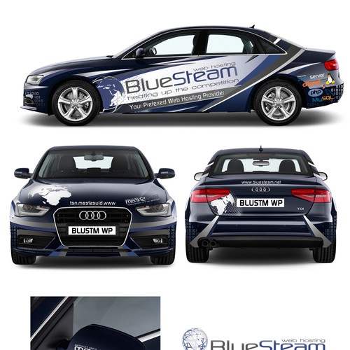 Sporty,Racy,Sexy car wrap needed for BlueSteam. Winner will have "designed by"!! Design by MaximaDesign