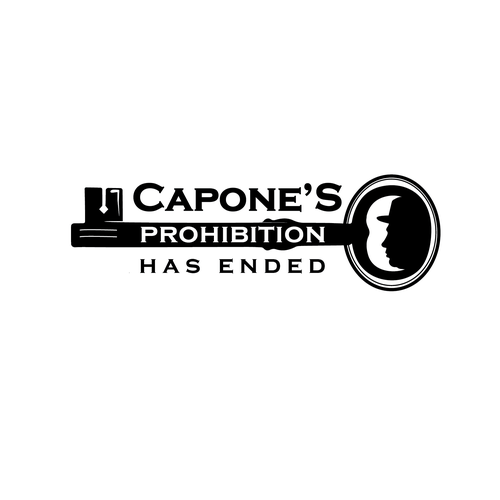 Design a prohibition style logo with a old key and al Capone face ( side view ) black and white Design by Ida11